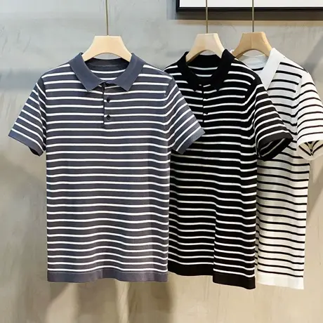 冰丝新款夏季翻领短袖t恤男士针织衫夏装条纹百搭休闲条纹polo衫商品大图