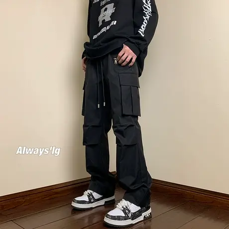 美式高街纯色直筒工装裤男春秋季新款2024潮流宽松伞兵裤休闲长裤商品大图