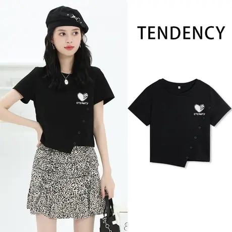 VR真维斯黑色短款短袖t恤女夏季2023新款不规则半袖小个子上衣V商品大图