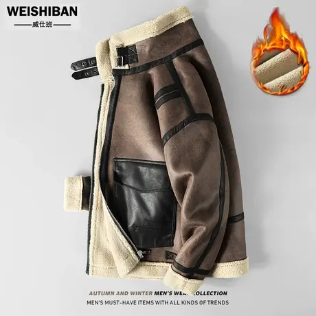 潮牌时尚羊羔毛外套男皮毛一体复古工装夹克冬季宽松加厚保暖棉服图片