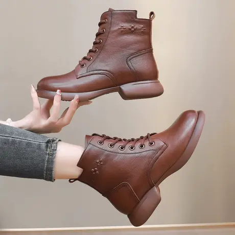 棉鞋2023新款系鞋带女马丁靴大码女短靴40一43冬平底软皮靴女超软商品大图