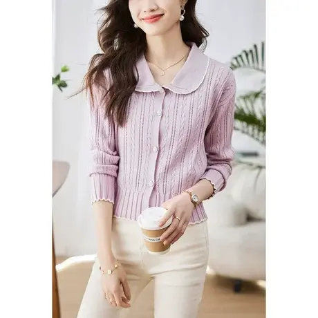 时尚气质淑女针织开衫2023年春季新款温柔甜美减龄百搭翻领上衣图片