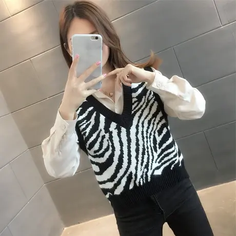 针织毛衣背心马甲女春秋2023新款韩版宽松显瘦斑马纹百搭坎肩外穿图片