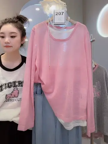 冰丝长袖防晒衫女夏薄款宽松透气洋气百搭假两件t恤设计感上衣潮图片