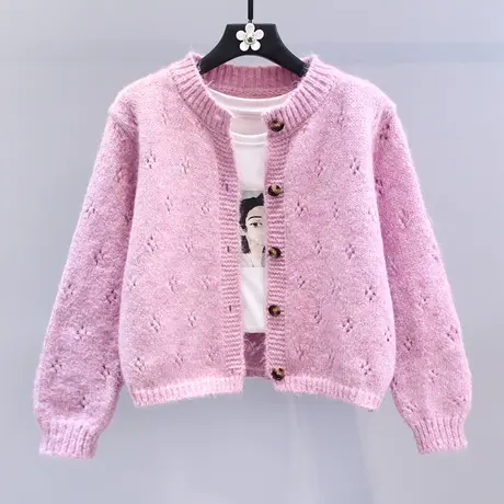 韩系钩花镂空毛衣外套女秋冬2023新款宽松设计感小众短款针织开衫商品大图