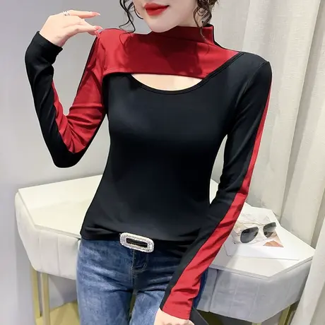 性感镂空撞色T恤女长袖春季新款加厚德绒打底衫半高领设计感上衣商品大图