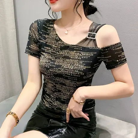 欧货性感网纱短袖T恤女夏季2024新款洋气露肩小衫时尚字母上衣潮商品大图