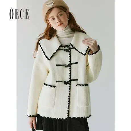 Oece复古减龄呢外套女冬季新款牛角扣设计感大衣图片