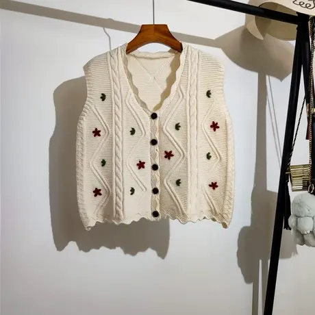麻花毛衣马甲开衫女2023秋季新款v领法式甜美无袖针织衫背心外穿商品大图