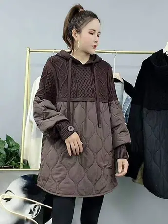 2023秋冬新款时尚欧版中长款针织衫拼接棉衣宽松显瘦连帽显瘦毛衣图片