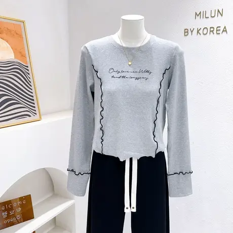 韩国东大门短款上衣秋款字母印花木耳边小香风正肩长袖T恤打底衫图片