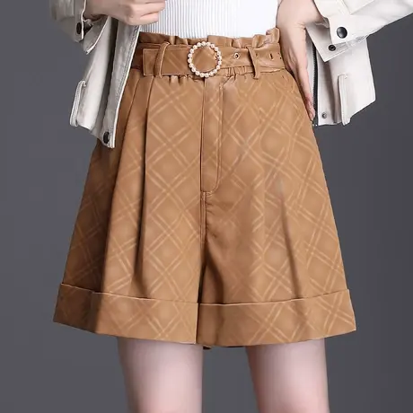 时尚pu皮短裤女高腰显瘦2023秋冬新款百搭宽松休闲A字阔腿皮裤子图片