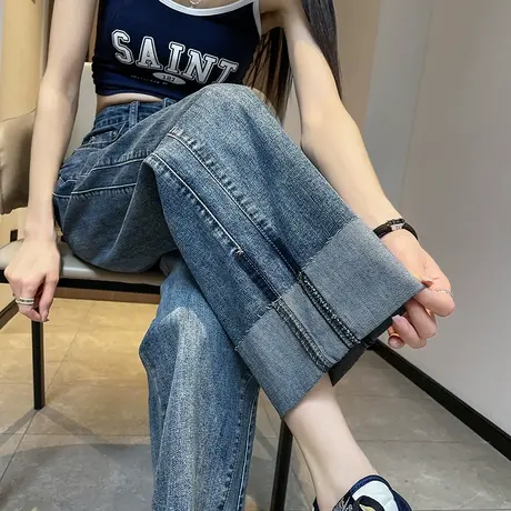 小个子阔腿牛仔裤女2023秋冬新款裤子宽松大码高腰挽边九分直筒裤商品大图