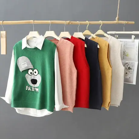 春装新款文艺提花无袖圆领针织马甲女背心宽松毛衣打底坎肩女马夹商品大图