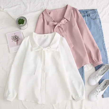 白色翻领长袖衬衫女设计感小众宽松韩版雪纺衬衣轻熟蝴蝶结上衣秋图片