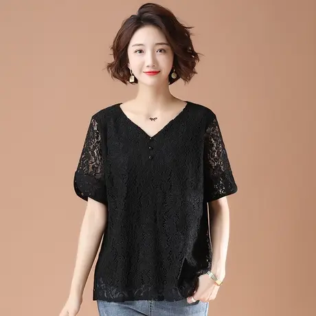 加肥加大码短袖蕾丝衫女夏宽松V领镂空小衫中年妈妈显瘦半袖上衣商品大图