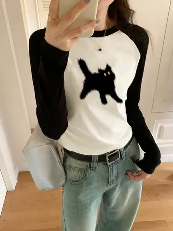 早春秋2023新款欧货女装仿棉长袖t恤冬季洋气内搭打底衫撞色上衣商品大图