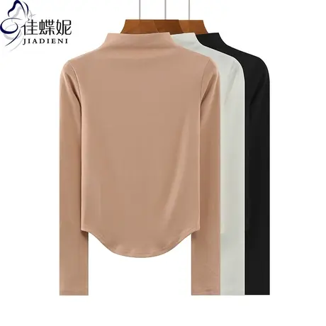 秋冬新款韩版半高领下摆圆弧纯色纯棉纯欲修身长袖体恤上衣内搭女图片