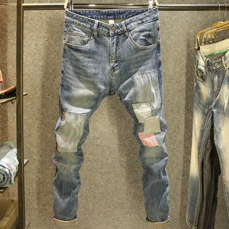 个性拼接贴布牛仔裤男2024新款修身小脚潮牌痞帅秋季潮男穿搭裤子商品大图