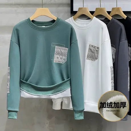 2023新款冬装贴布刺绣卫衣男白色休闲衣服潮牌秋冬季加绒长袖上衣图片