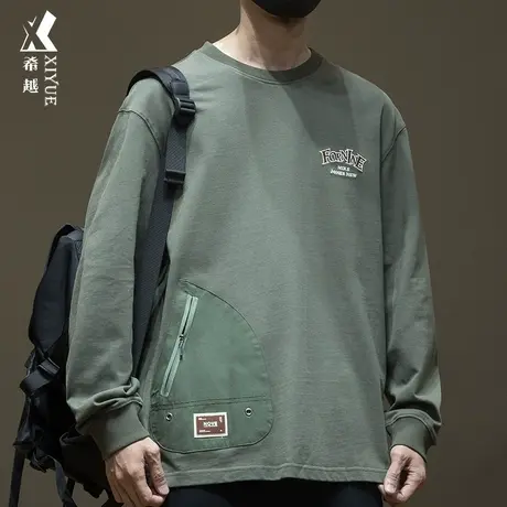 希越春季330g重磅全棉卫衣男套头长袖t恤灰绿色宽松大码春秋衣服商品大图