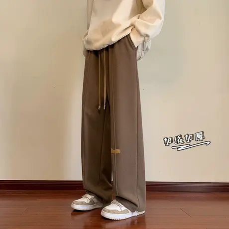 华夫格裤子男士秋冬潮牌男款运动卫裤直筒阔腿裤加绒加厚长裤商品大图