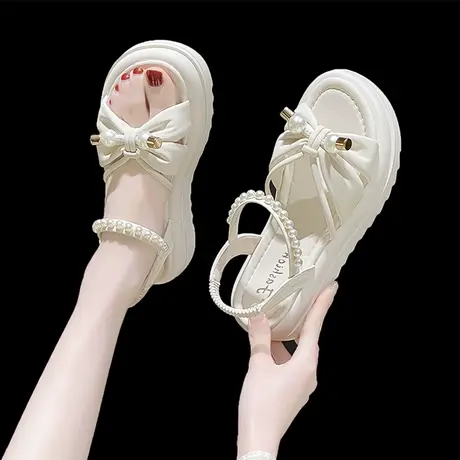 厚底凉鞋女夏季2023年新款软底轻便珍珠罗马鞋仙女风配裙子一脚蹬商品大图