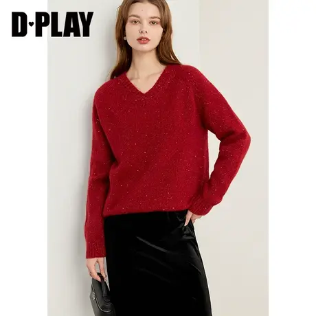 DPLAY冬轻奢复古红微醺细闪亮片兔毛绵羊毛V领宽松针织毛衣图片
