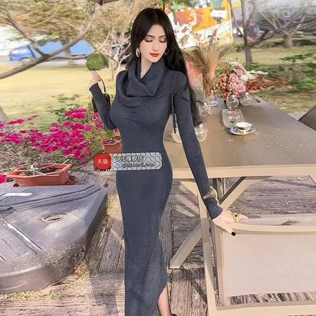 VJE秋冬设计感可脱卸围脖V领针织裙2023新款修身显瘦过膝连衣裙图片