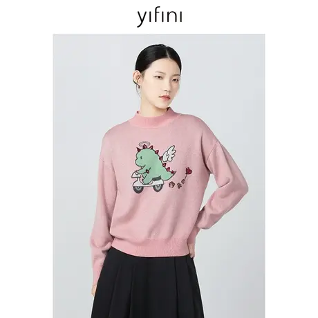 Yifini/易菲宽松短款毛衫女冬季新款童趣刺绣保暖打底针织衫商品大图