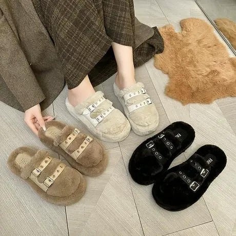 网红厚底增高包头毛毛拖鞋女外穿2023年秋冬季新居家加绒保暖棉拖商品大图