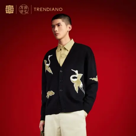 TRENDIANO官方潮牌「宫」联名系列秋季混纺仙鹤提花针织开衫男士商品大图