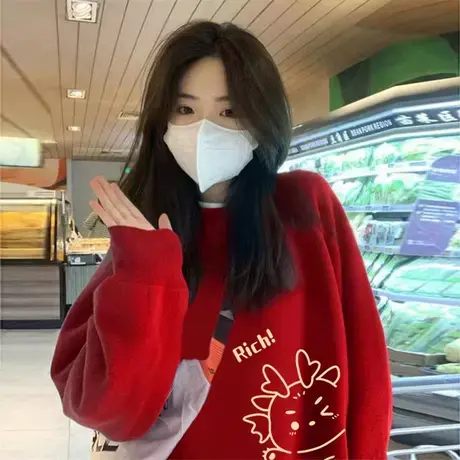 2024年新款国潮本命龙年春节红色圆领卫衣女宽松情侣加绒打底卫衣商品大图