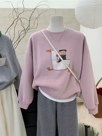 2024冬季新款韩国大鹅卡通图案加绒加厚实宽松保暖休闲卫衣女上衣商品大图