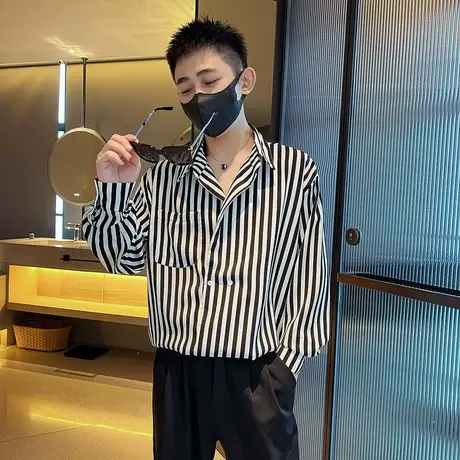 夏季男士衬衫长袖衬衣宽松潮流休闲条纹帅气发型师百搭ins春秋款商品大图