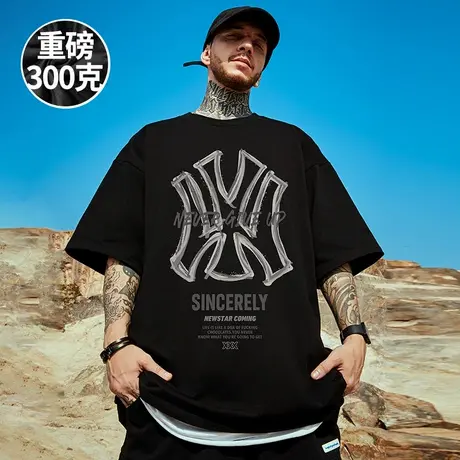 300g重磅美式潮牌宽松T恤胖子短袖男加肥加大五分袖大码男装潮流商品大图