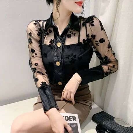 性感网纱微透碎花衬衫女POLO领长袖欧货时尚气质上衣修身打底小衫商品大图