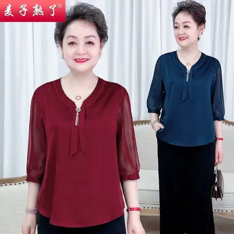 妈妈夏装套装两件初秋新款春雪纺小衫中老年人女装阔太太洋气上衣商品大图