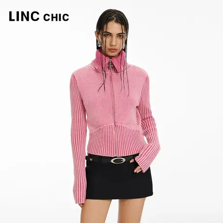 LINC金羽杰毛衣上衣女拉链毛衣外套大翻领朋克街头毛织开衫CR318Y图片