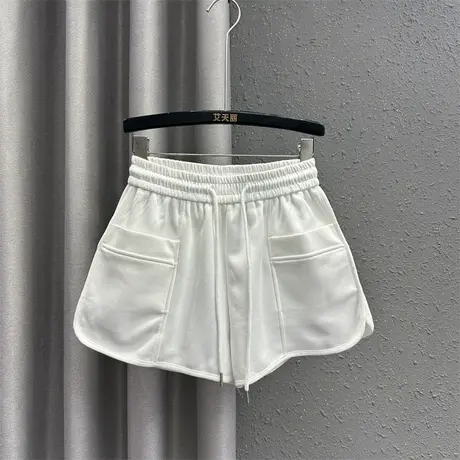 白色直插口袋休闲a字短裤女24春夏新款松紧腰抽绳宽松显瘦阔腿裤图片