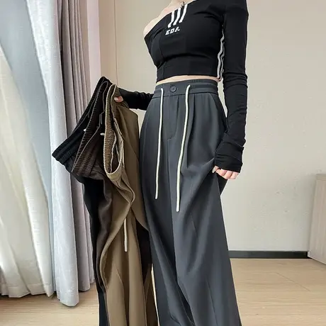 松紧腰抽绳阔腿西装裤女2024春秋新款高腰宽松显瘦垂感直筒拖地裤图片