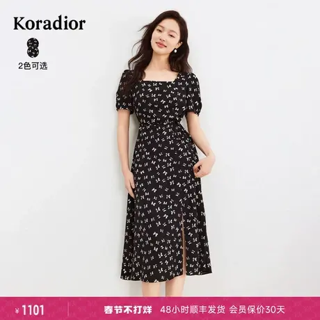珂莱蒂尔女装2024夏季新款通勤百搭法式气质碎花开叉短袖连衣裙图片