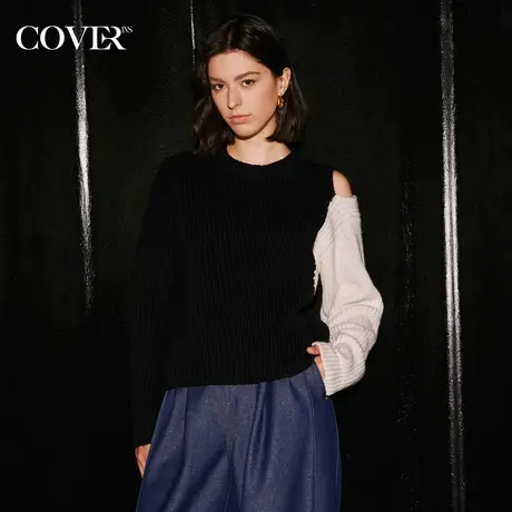 COVER2023冬季撞色宽松露肩套头毛衣商品大图