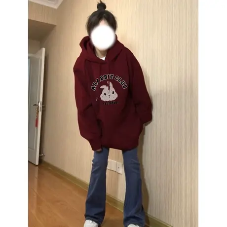 兔子印花卫衣女秋冬加绒加厚美式炸街小众设计感oversize连帽外套商品大图