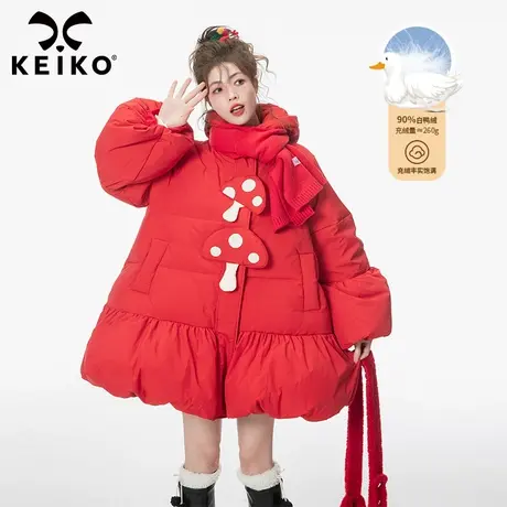 设计感兔耳连帽羽绒服女中长款2023冬季260克白鸭绒红色外套加厚图片