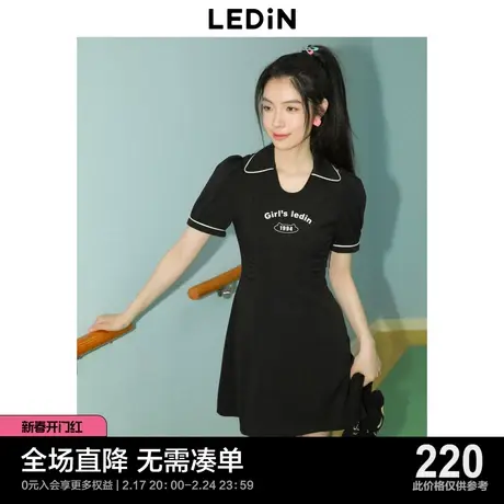 【商场同款】乐町短袖针织收腰连衣裙夏季泡泡袖小黑裙C2FAD3101图片