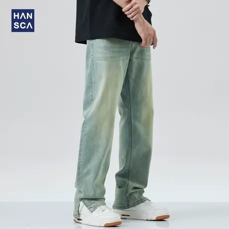 hansca黄泥染阔腿牛仔裤男春季新款潮牌宽松直筒开叉水洗复古长裤图片