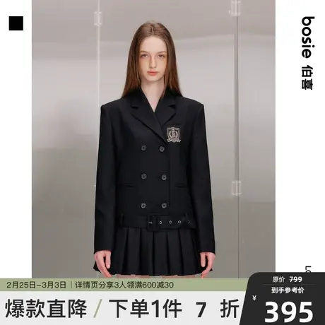 【商场同款】bosie春季新款连衣裙女黑色复古学院风百褶西装领潮图片