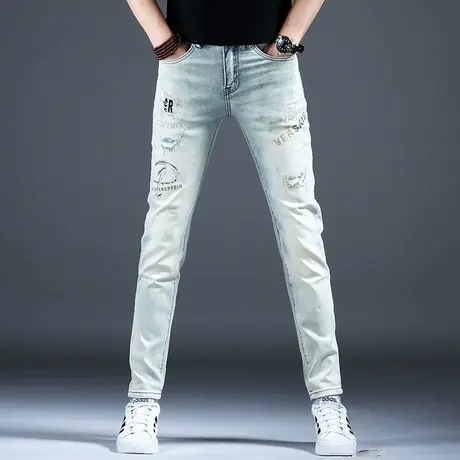 2024男士牛仔裤子时尚修身烫钻破洞乞丐小脚裤男潮牌休闲百搭长裤商品大图