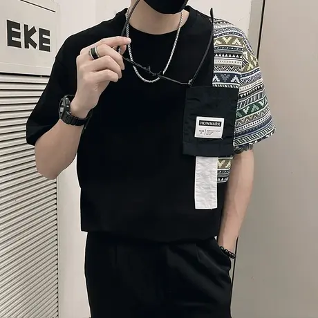 夏季民族风拼接印花T恤短袖男夏季新款ins轻熟高级男装轻熟半截袖商品大图